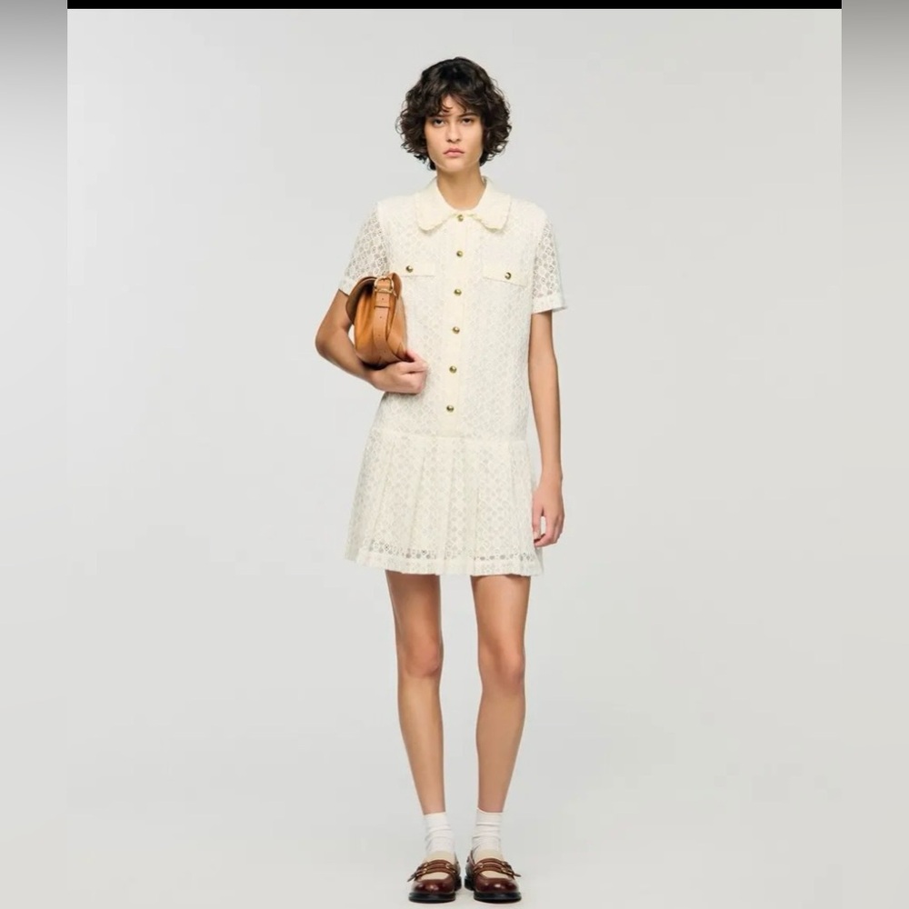 Sandro Cream Lace Short-Sleeve Button Dress